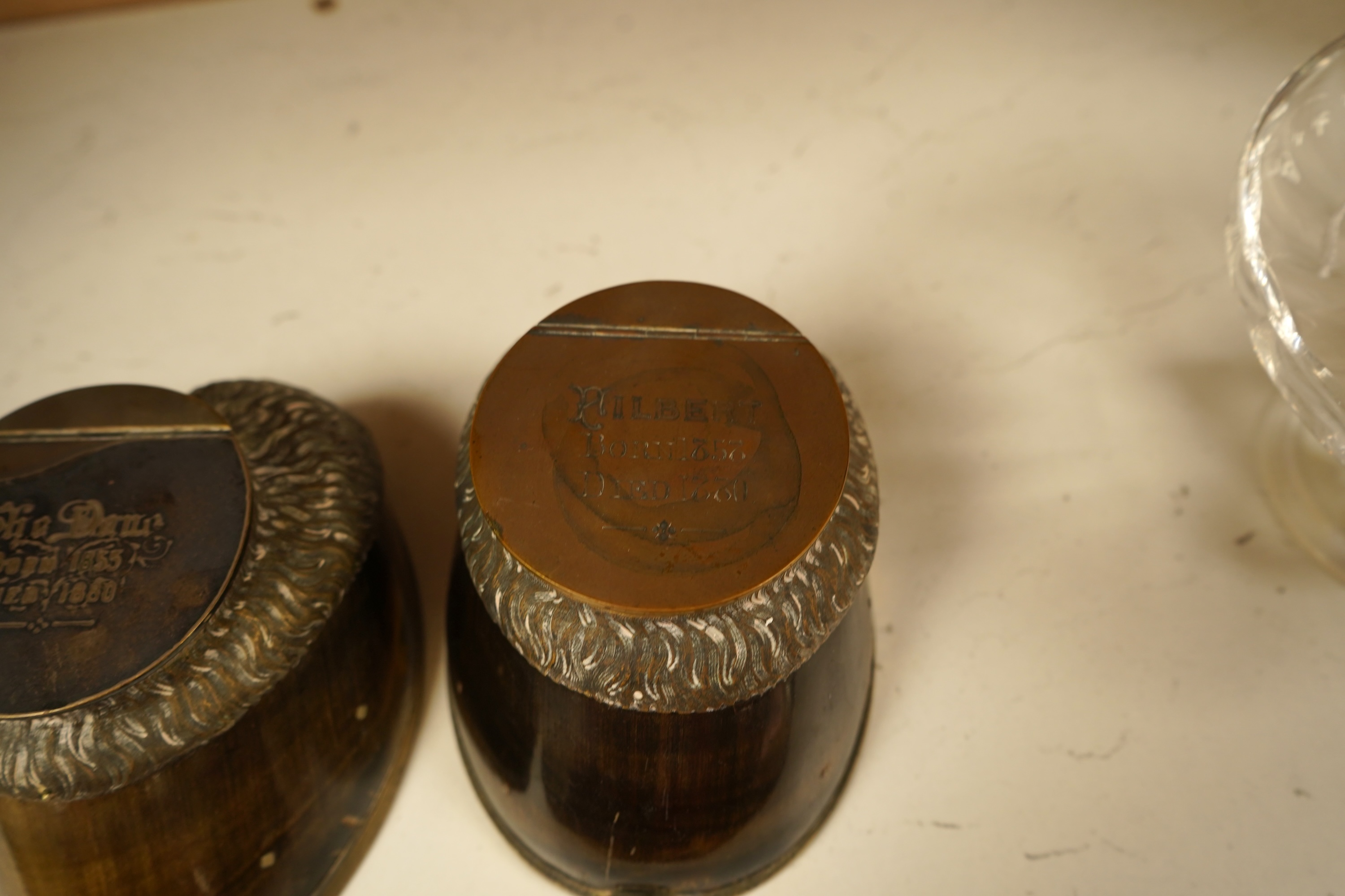 Two Victorian taxidermic horse hoof inkwells with inscriptions to the lids, 13cm wide